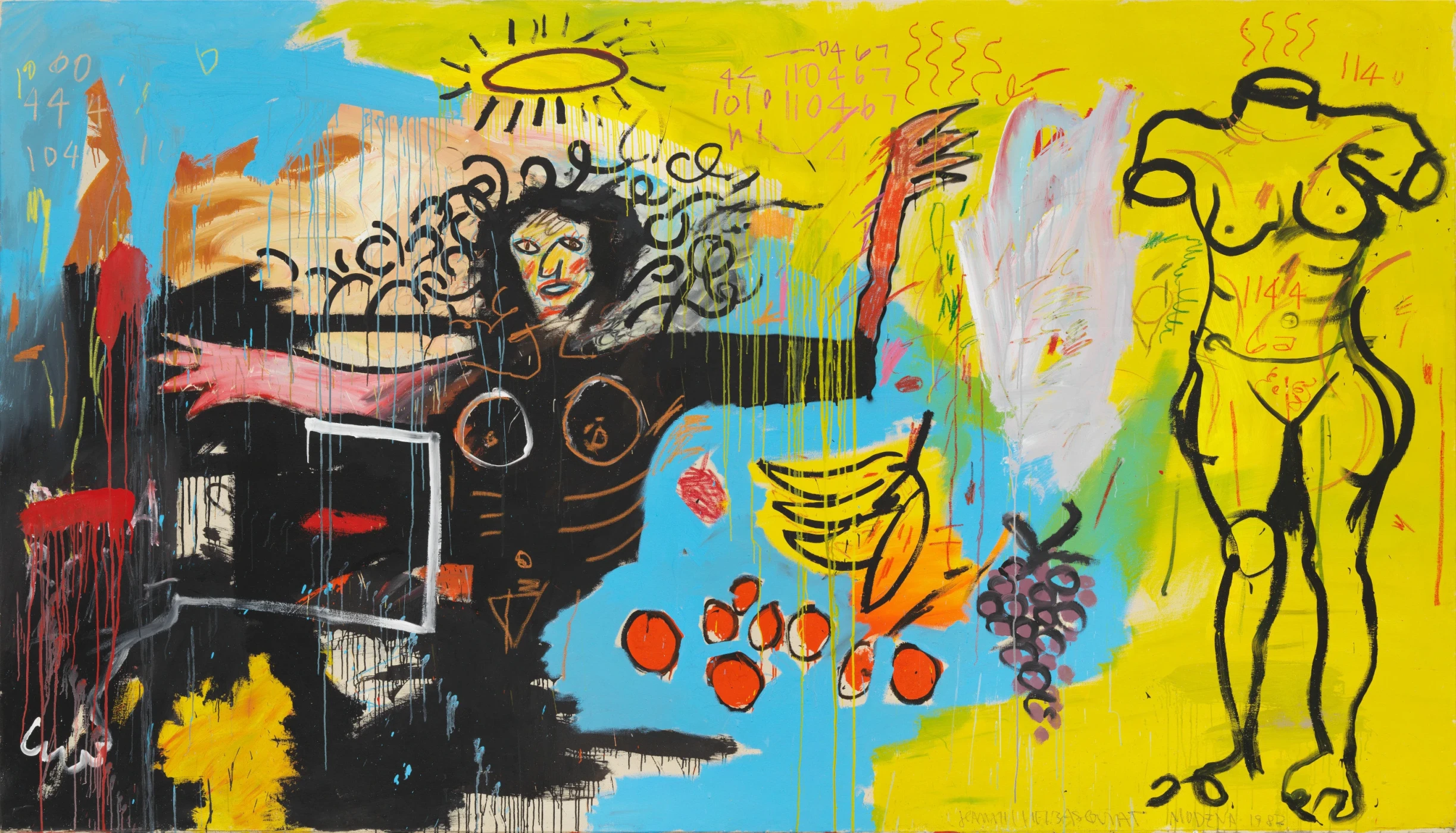 JEAN-MICHEL BASQUIAT Untitled, 1982 Acrylic and oil stick on canvas 94 7/8 x 165 1/4 inches (241 x 419.7 cm) © Estate of Jean-Michel Basquiat. Licensed by Artestar, New York Photo: Stefan Altenburger Courtesy Gagosian