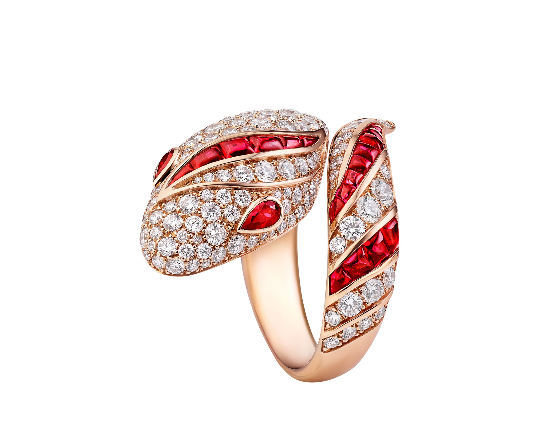 Serpenti ring with rose gold inlaid with diamonds and rubies price upon request