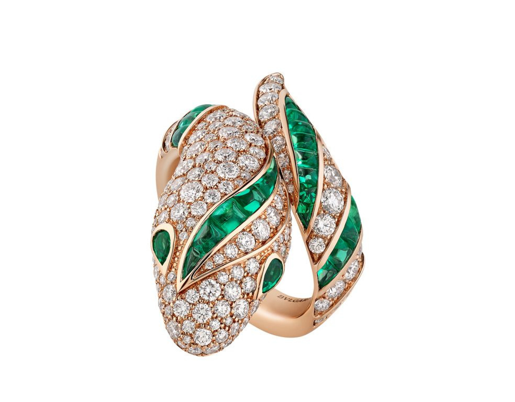 Пръстен Serpenti с розово злато, инкрустиран с диаманти и рубини, цена при запитване