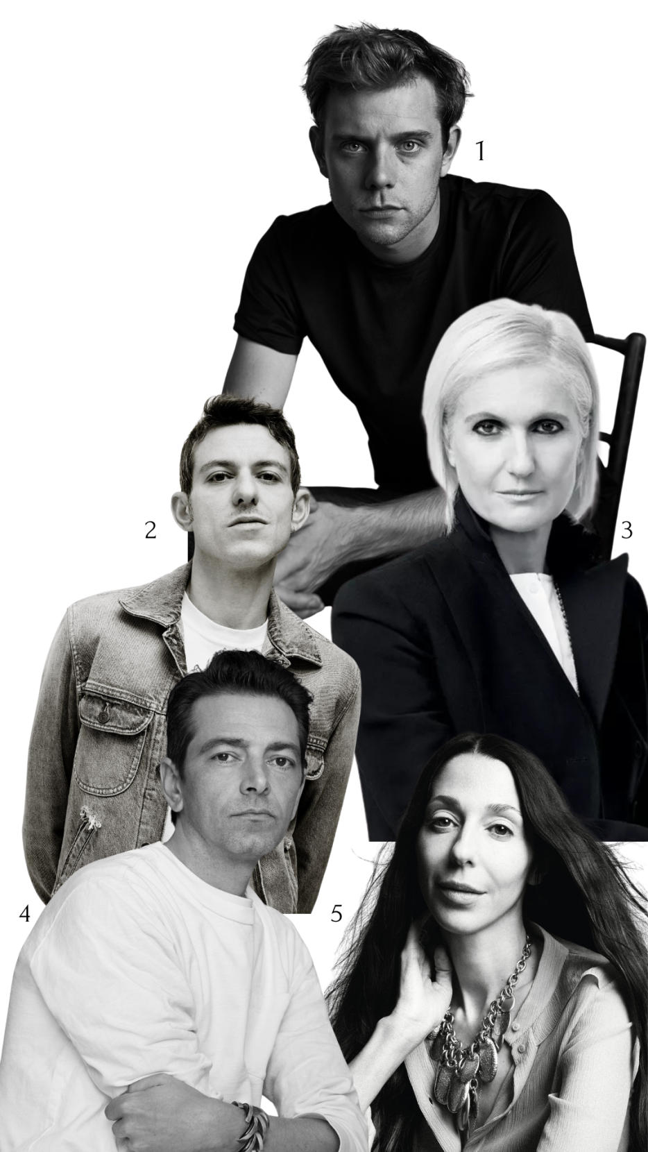1-Jonathan Anderson; 2-Nicolas di Felice; 3-Maria Grazia Chiuri; 4-Peter Mulier; 5-Chemena Kamali