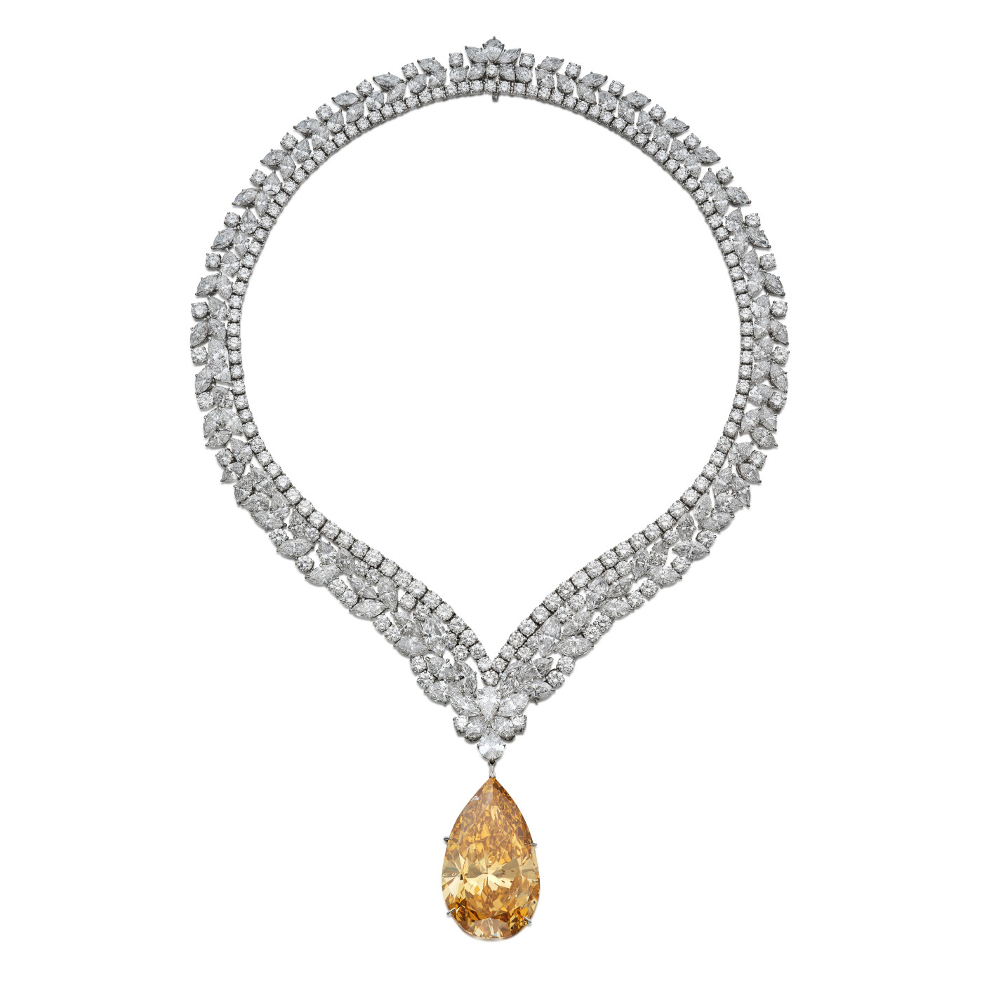 Eighteen-karat White Gold Cartier necklace, accented with a 100.26-carat pear-shaped Fancy Deep Brown-Orange Diamond