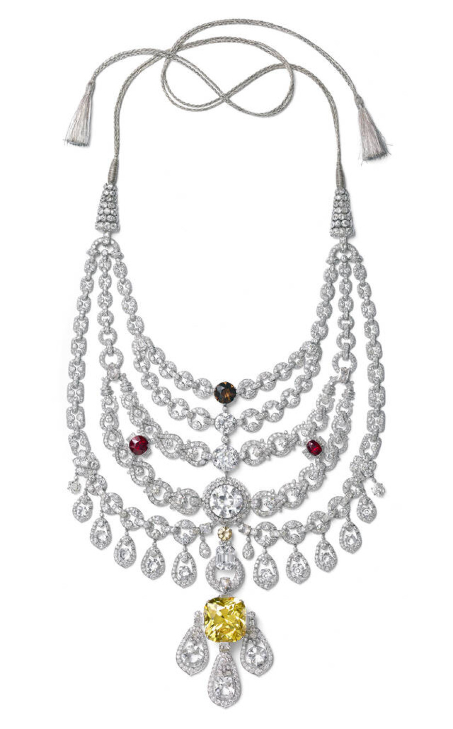 Necklace, Cartier Paris, special order, 1928. Restored in 1999–2002. Made as a special order for Sir Bhupindra Singh, Maharaja of Patiala