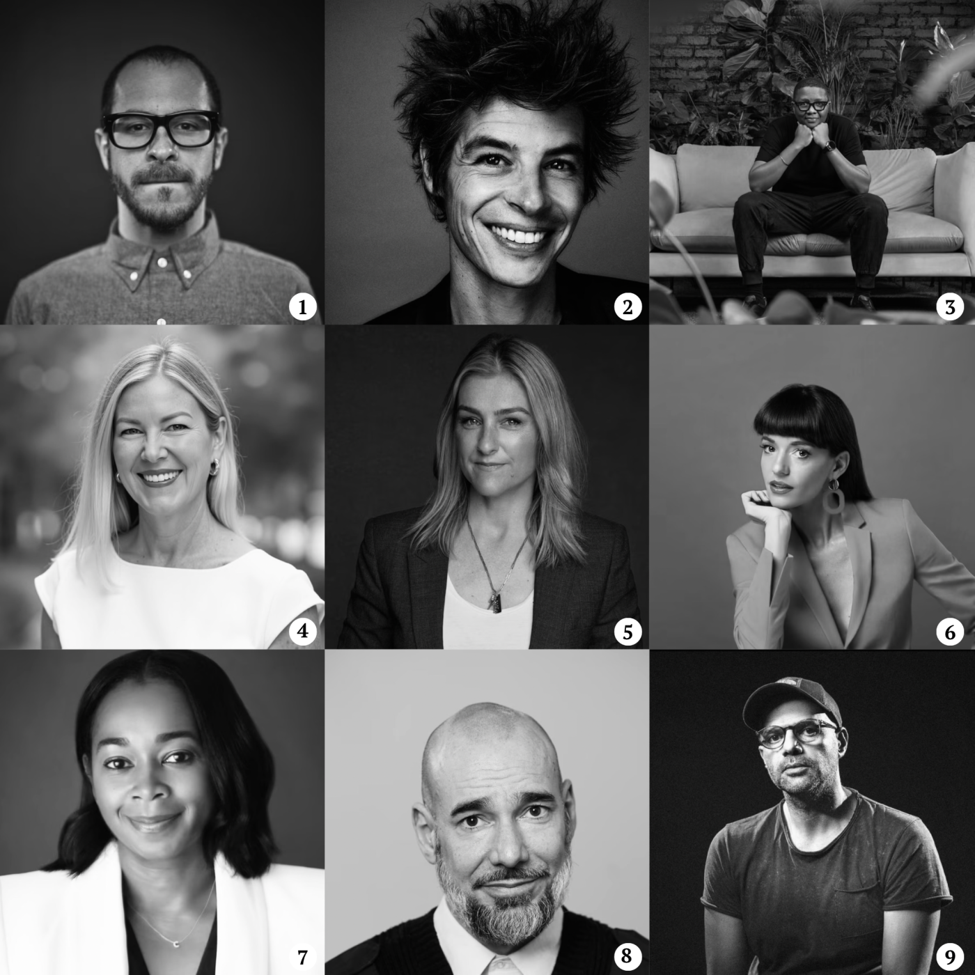 1-Icaro Doria, 2-Gaëtan du Peloux, 3-Xolisa Dyeshana, 4-Wendy Walker, 5-Tara Ford, 6-Jessica Walsh, 7-Courtney Brown Warren, 8-Tom Beckman, 9-Ali Ali
