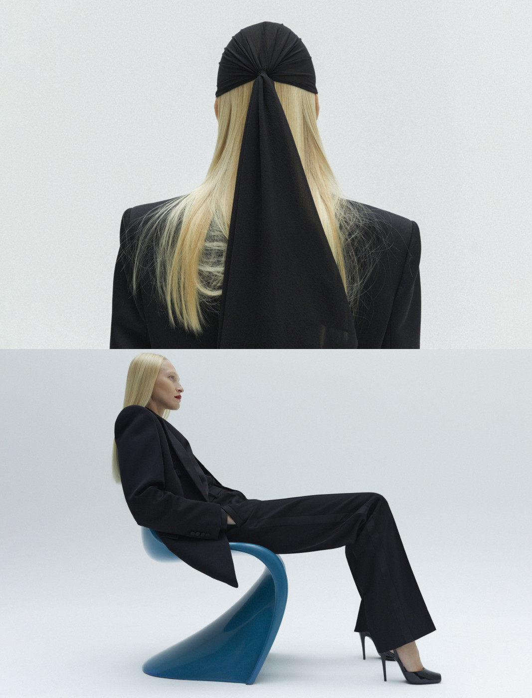 TUXEDO, TROUSERS, BLOUSE & SHOES SAINT LAURENT BY ANTHONY VACCARELLO scarf maison krasnova