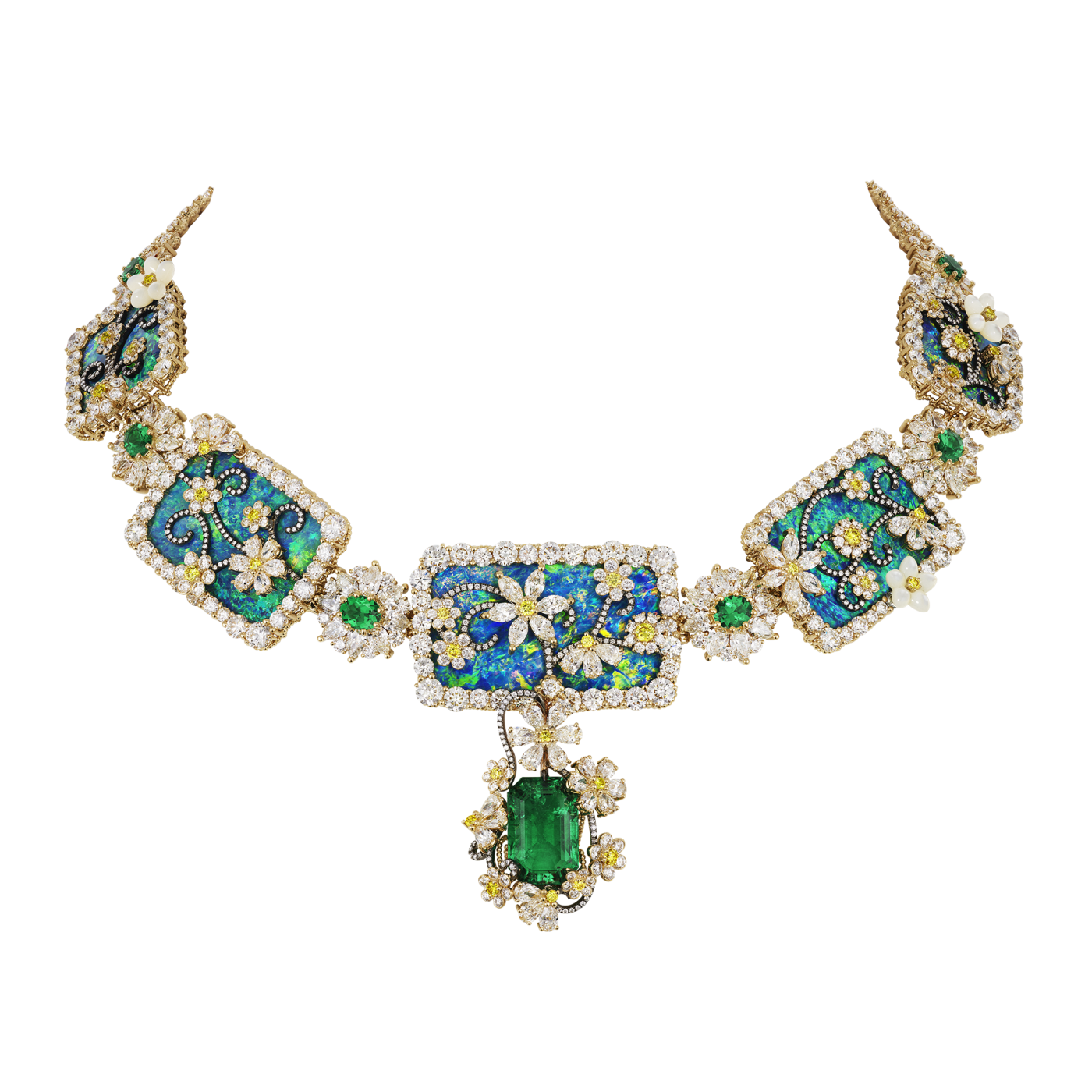 An opal, diamond and coloured gemstone necklace