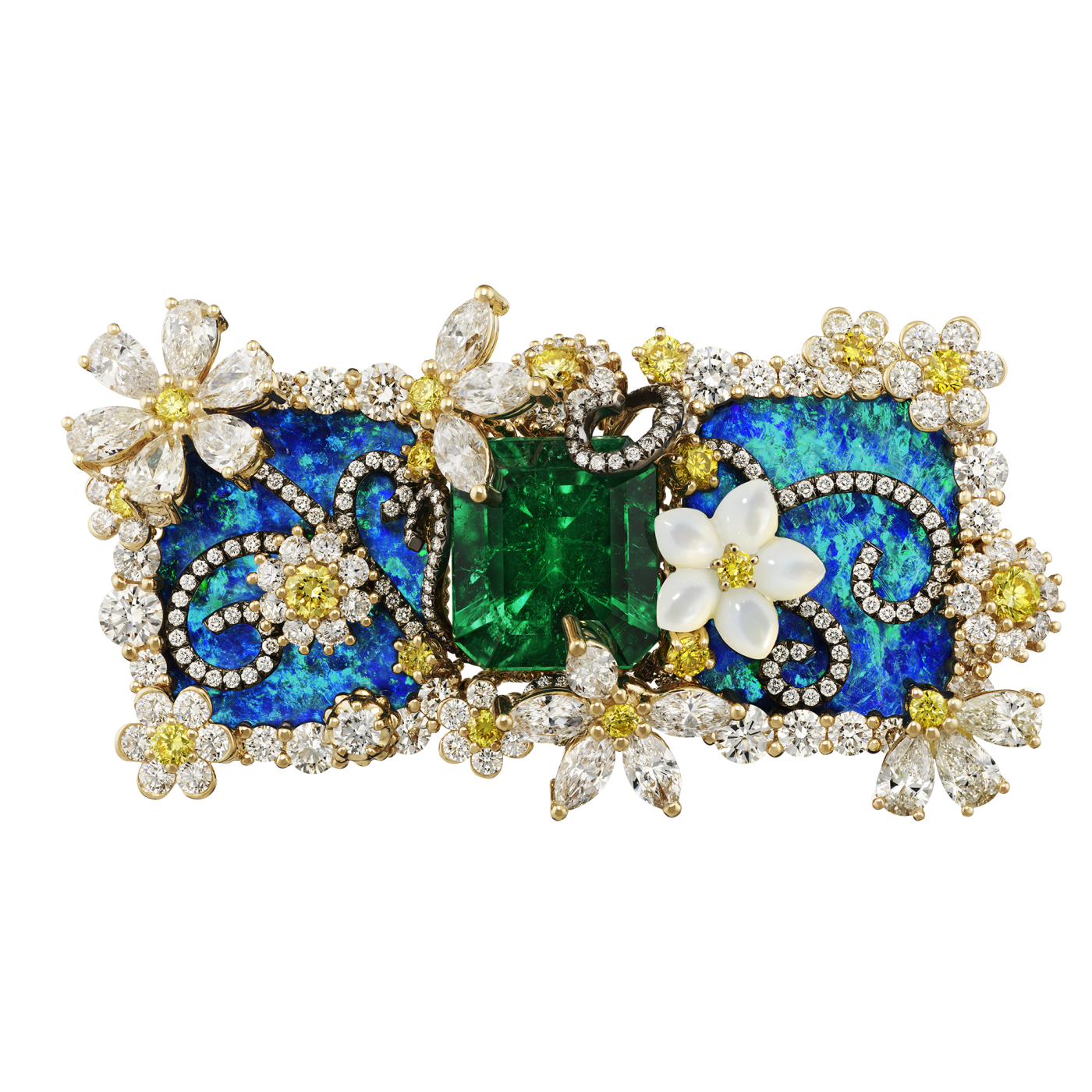 A creation with a central emerald surrounded by opal and diamonds
