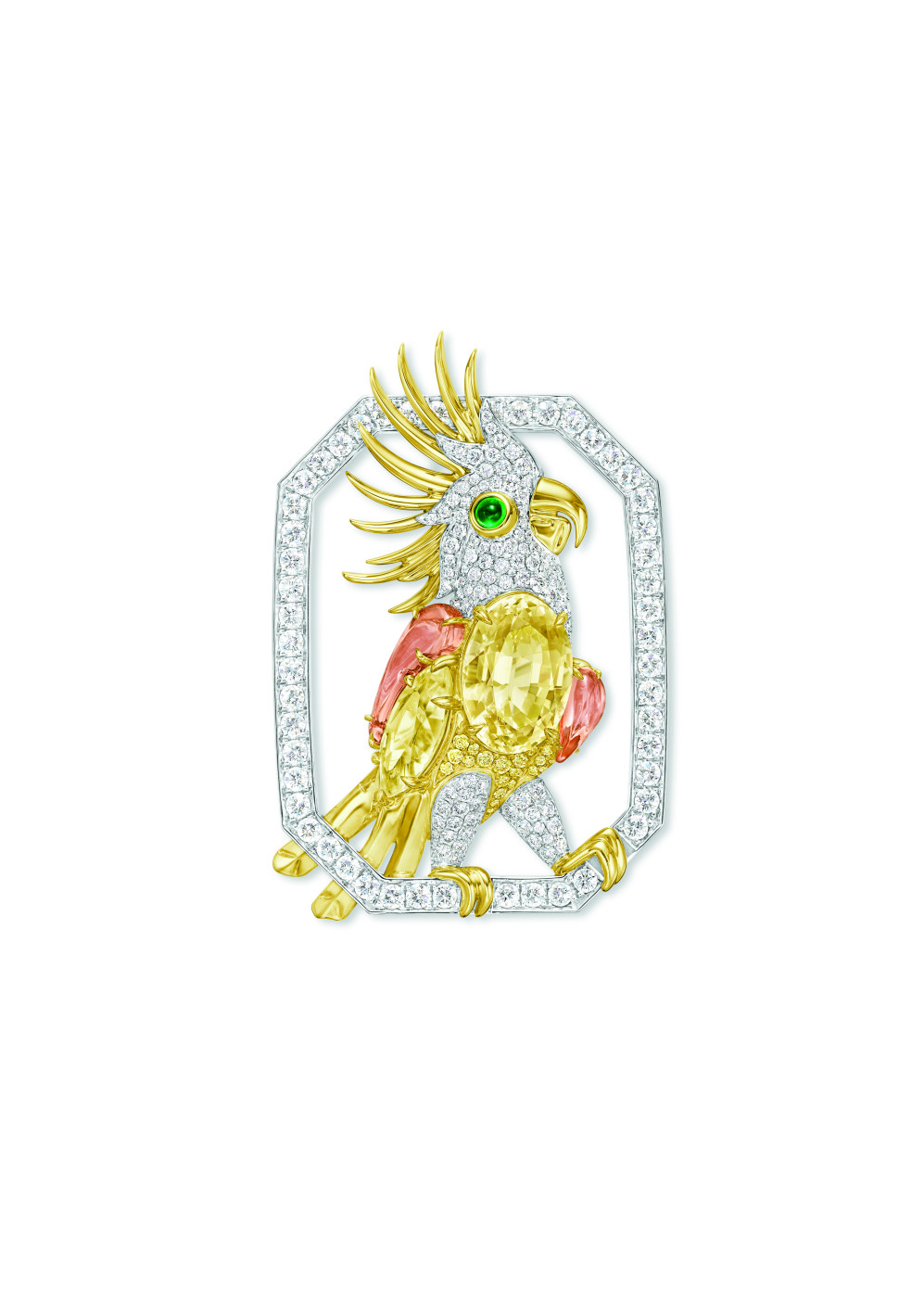 Harry Winston, Golden Cockatoo Brooch, or jaune, or blanc, saphirs jaunes, topazes oranges, diamants, émeraude