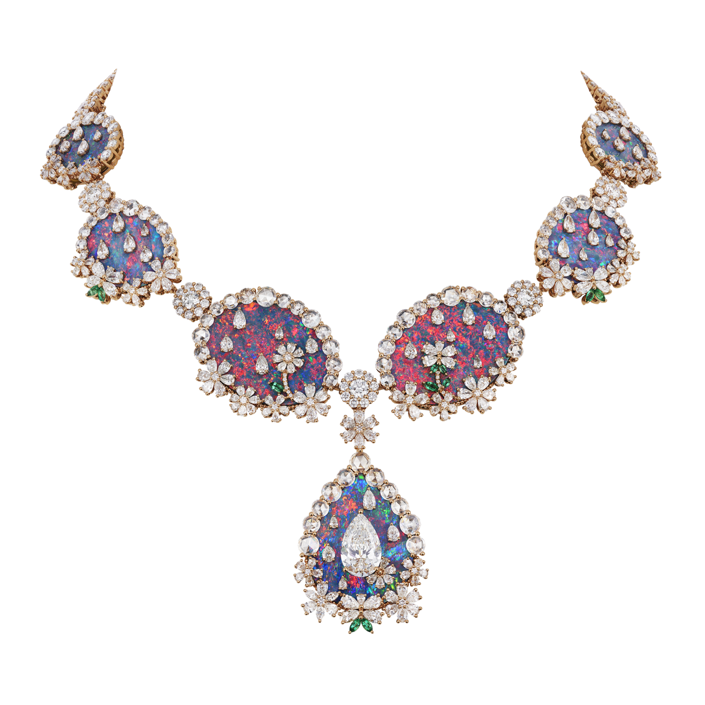 necklace with a large pear-shaped diamond and further diamonds inlaid into precious opal