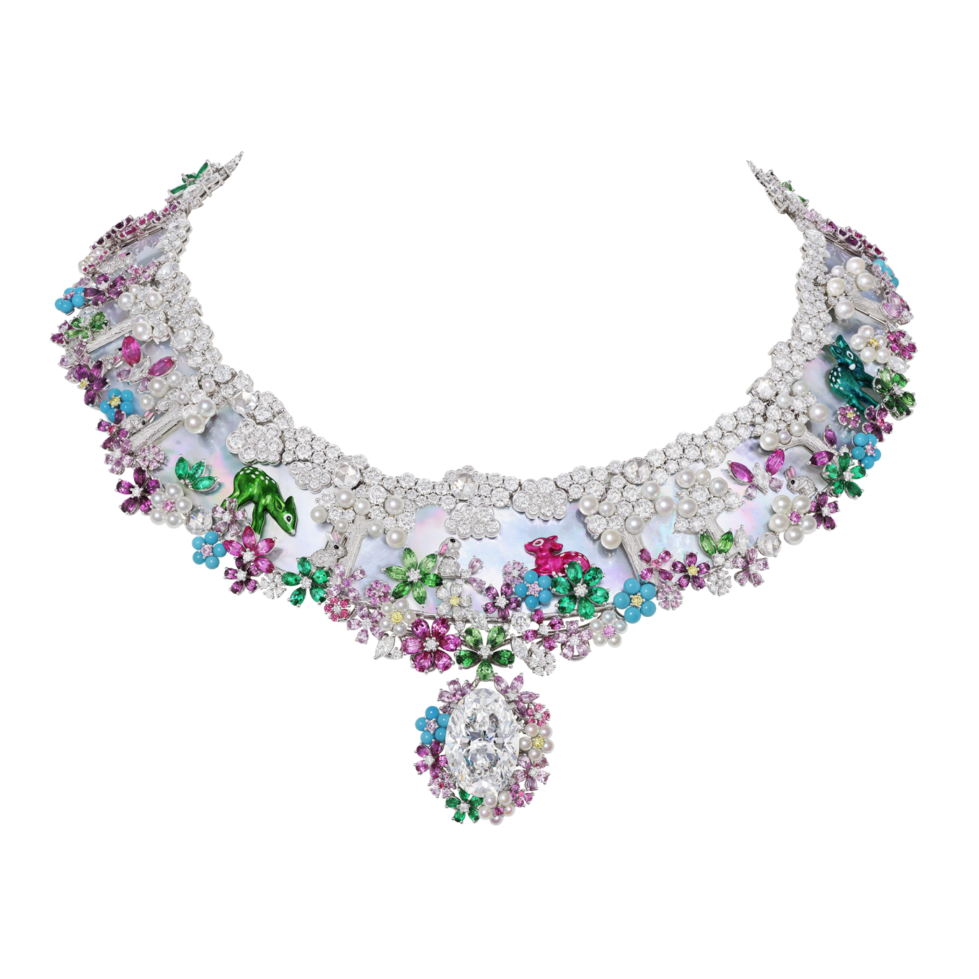 ecklace with mother of pearl, ‘bouquets’ of precious stones, varnish-painted three-dimensional animals, turquoise, pearls, coloured gemstones and a large oval-shaped diamond drop