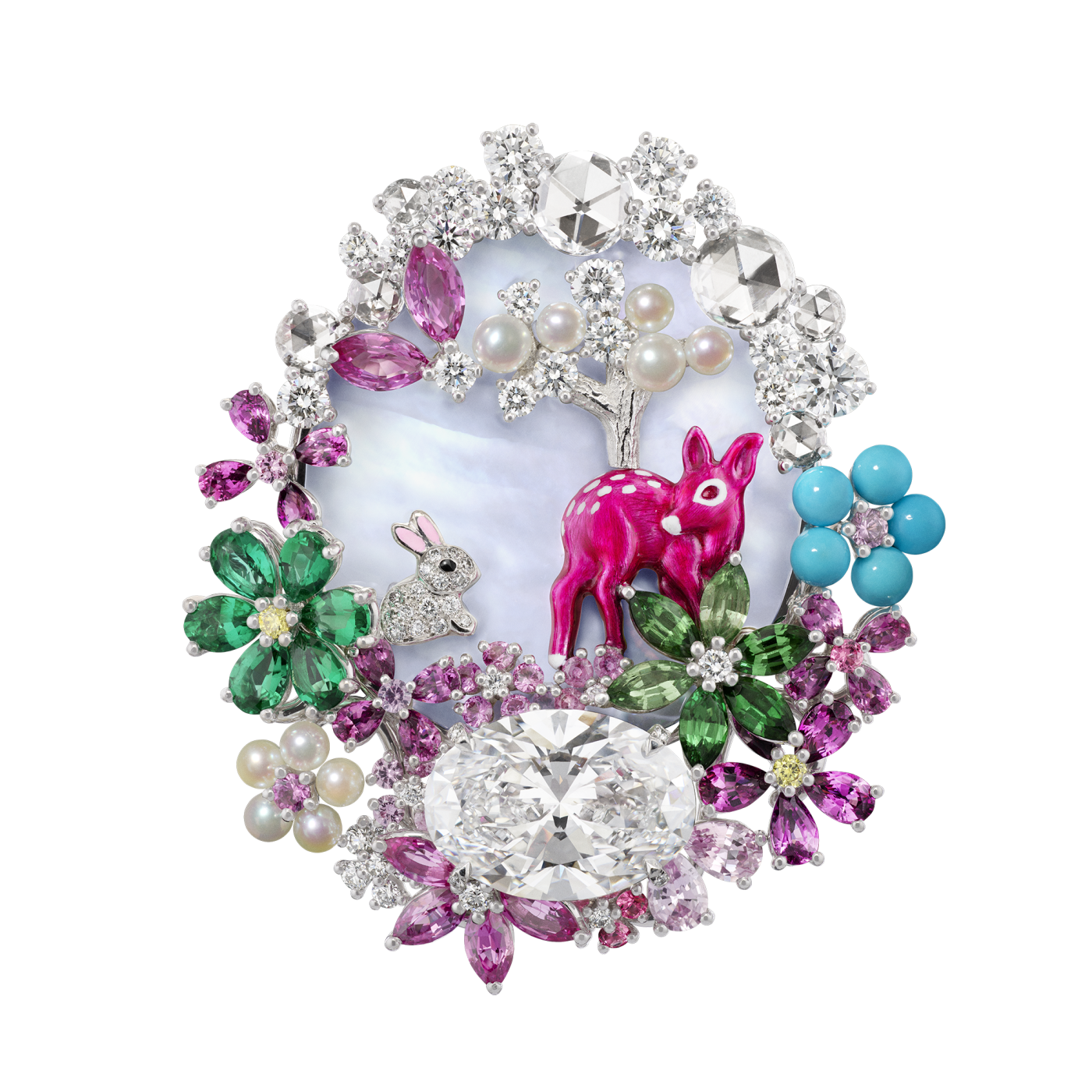 brooch with varnish-painted animals and micro pearls