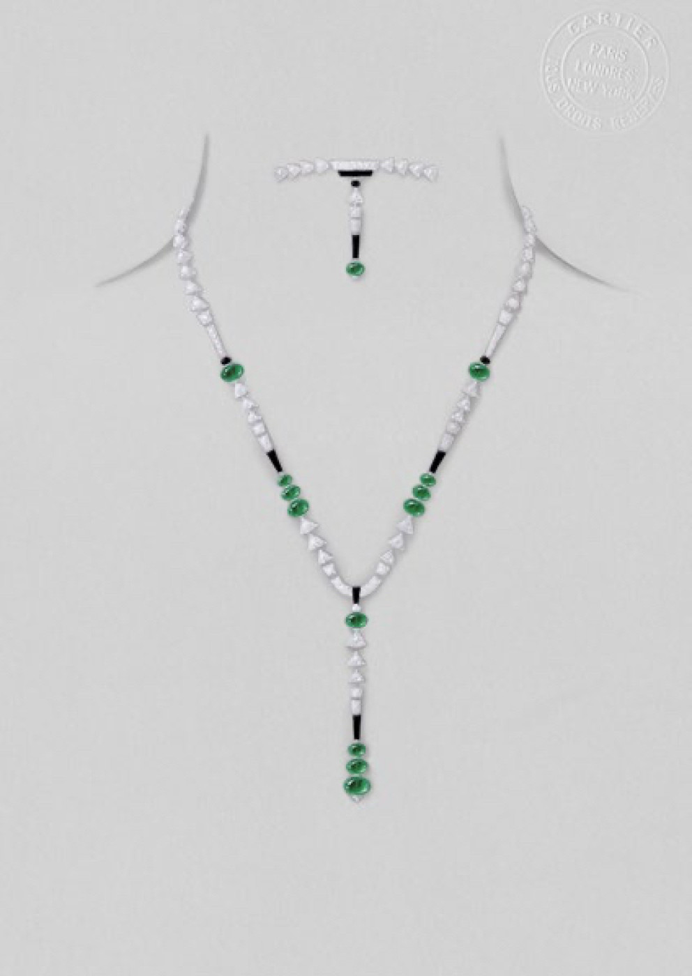SUMMAE NECKLACE, White gold, onyx, emeralds, diamonds