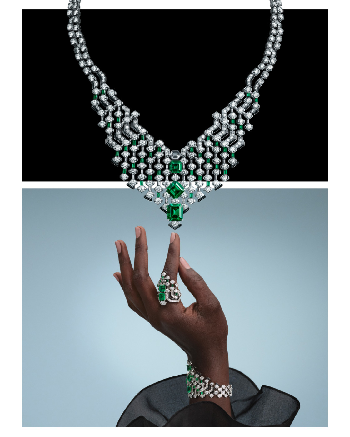 TRAFORATO NECKLACE, White gold, emeralds, onyx, diamonds