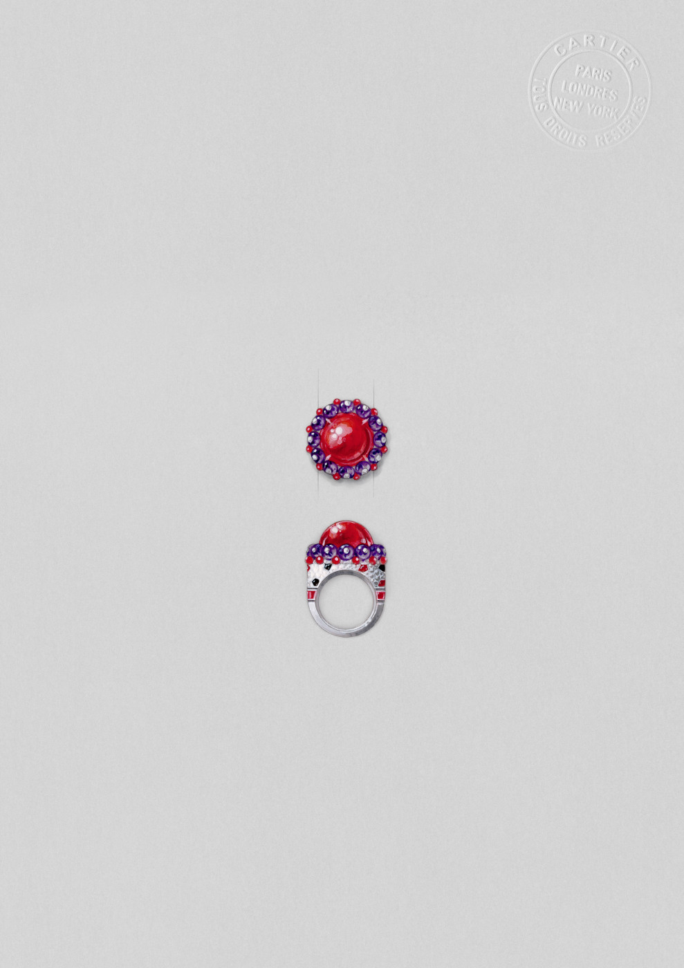 PANTHÈRE ORBITALE RING, Platinum, coral, amethyst, emeralds, onyx, diamonds