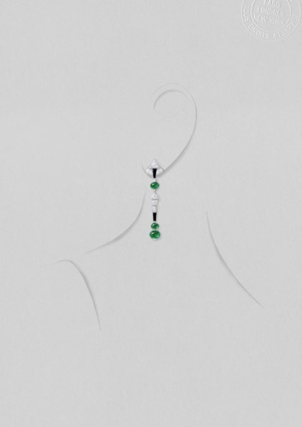 SUMMAE EARRINGS, White gold, onyx, emeralds, diamonds