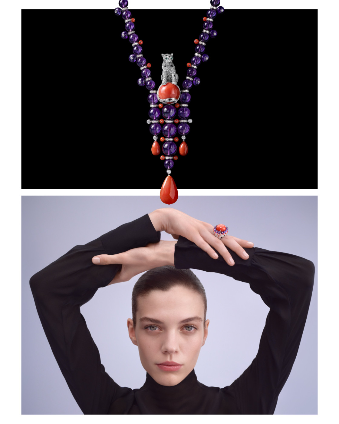 PANTHÈRE ORBITALE NECKLACE, Platinum, coral, amethyst, emeralds, onyx, diamonds