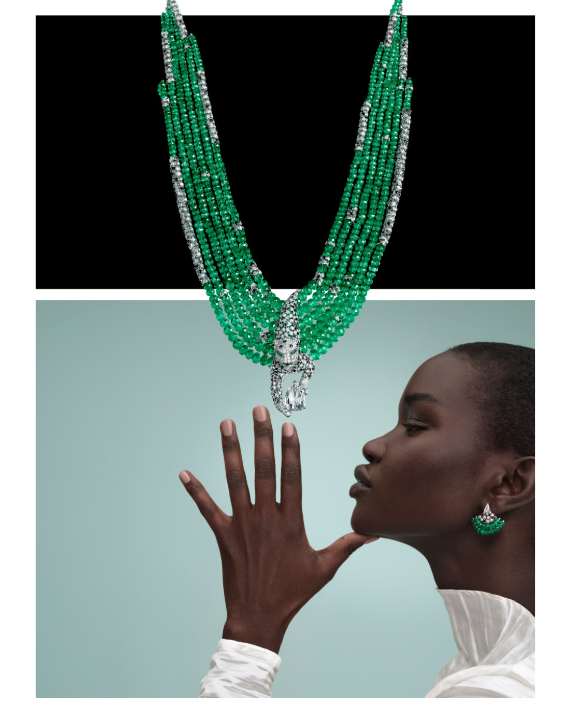 PANTHÈRE DENTELÉE NECKLACE, White gold, emeralds, onyx, diamonds