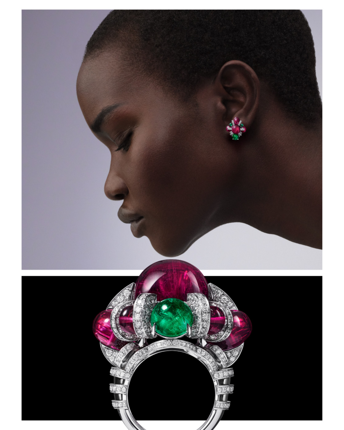 BULLIO RING, White gold, rubellites, emeralds, onyx, diamonds