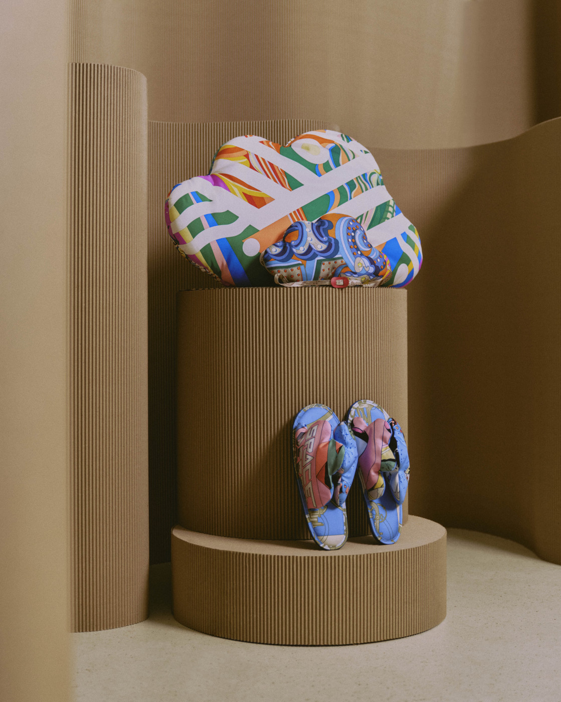 Hermès petit h, Nuage, cushion, eye mask and slippers. Photo: Charlotte Robin. Courtesy of Hermès.
